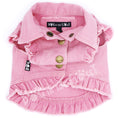 Load image into Gallery viewer, Pink denim jacket with ruffles and buttons on a white background