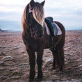 Load image into Gallery viewer, Brown horse standing in a field wearing a Southlake Paws Rose Quartz Saddle Pad with a pink design.