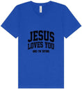 Load image into Gallery viewer, Jesus Loves You, I'm Trying Unisex V-Neck Shirt