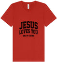 Load image into Gallery viewer, Jesus Loves You, I'm Trying Unisex V-Neck Shirt