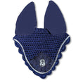 Load image into Gallery viewer, Deep Sapphire Fly Hat by Southlake Paws featuring a crocheted design with scalloped edges and ear covers.