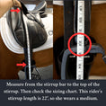 Load image into Gallery viewer, Stable Ride Stirrup Leathers by Southlake Paws, featuring a measuring tape for sizing and stirrup attachment on a saddle.