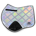 Load image into Gallery viewer, Holographic Saddle Pad by Southlake Paws features a diamond quilted design with a shiny, iridescent surface and black trim.