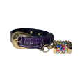 Load image into Gallery viewer, XS 7-14 Purple/Gold Embossed Croc Italian Leather Collar/Custom Gold Oval Italian Hardware & Swarovski Crystal Charm by Allysa Payne Beverly Hills
