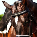Load image into Gallery viewer, Black and white saddle pad set displayed on a horse, featuring a shiny browband and detailed saddle.