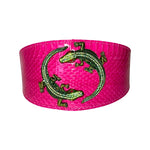 Fuchsia Pink Snake Collar With Green Rhinestone Alligators