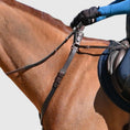 Load image into Gallery viewer, Southlake Paws 3-Point Breastplate with Double Neck Strap, attached to a horse, showing leather straps and rider's hand.
