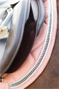 Load image into Gallery viewer, Powder Pink Suede Saddle Pad Set by Southlake Paws featuring a soft suede texture and decorative stitching.