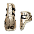 Load image into Gallery viewer, Aurum Open Front Boots by Southlake Paws, featuring a shiny gold exterior and soft white lining, designed for equestrian use.