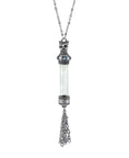 Load image into Gallery viewer, Antiqued Cat Light Blue Crystal Vial Glass Tassel Necklace 30"