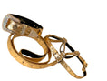 Load image into Gallery viewer, Glam Gold Embossed Studded Italian Leather Collar, Leash & Harness Set With Our Custom Swarovski Crystal Buckle