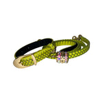 XS 7-14 Light Neon Green Custom Snake Collar/Custom Gold Italian Hardware & Leash Set. Including Swarovski Crystal Charm