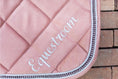 Load image into Gallery viewer, Powder Pink Suede Saddle Pad Set by Southlake Paws featuring quilted design and "Equestroom" embroidery with decorative trim.