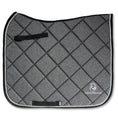 Load image into Gallery viewer, Stardust Grey Saddle Pad by Southlake Paws features a quilted design with a shimmering grey finish and black trim.