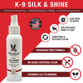 Load image into Gallery viewer, K9 Silk & Shine spray by Southlake Paws, featuring a white bottle with a spray nozzle, promoting coat revitalization and shin