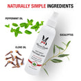 Load image into Gallery viewer, Southlake Paws Hot Spot Soothing Spray bottle with peppermint, eucalyptus, and clove oil ingredients displayed around it.