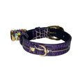 Load image into Gallery viewer, XS 7-14 Purple/Gold Embossed Croc Italian Leather Collar/Custom Gold Oval Italian Hardware & Swarovski Crystal Charm by Allysa Payne Beverly Hills
