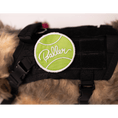 Load image into Gallery viewer, Green tennis ball patch with "Baller" text, attached to a black pet harness by Southlake Paws.