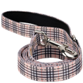 Load image into Gallery viewer, EcoBark Tan Plaid Dog Leash featuring a padded comfort grip and a silver clip, available in 4ft, 5ft, and 6ft lengths.