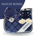 Load image into Gallery viewer, Blue Astra Saddle Pad Set by Southlake Paws featuring a quilted saddle pad, ear bonnet, and matching boots with fleece lining