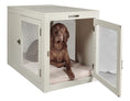 Load image into Gallery viewer, Dog inside a large white dog crate with a mesh door.
