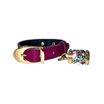 XS 7-14 Purple Patent Italian Leather Collar/Custom Gold Italian Hardware With Swarovski Crystal Charm
