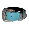 Load image into Gallery viewer, The Tiffany Collection. Gorgeous Turquoise Blue Embossed Croc Italian Leather/Custom Silver Swarovski Crystal Hardware Collar.