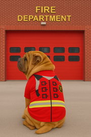 Parisian Pet 'Fire-Barker' Halloween Costume for Dogs & Cats – Firefighter Dog Costume, Pet Halloween Outfit, Red and Yellow