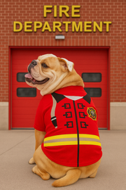 Parisian Pet 'Fire-Barker' Halloween Costume for Dogs & Cats – Firefighter Dog Costume, Pet Halloween Outfit, Red and Yellow