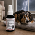 Load image into Gallery viewer, Southlake Paws Essential Oil Dog Calming Spray bottle with a dog lying on a bed, lightning visible through a window.