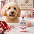 Load image into Gallery viewer, Southlake Paws Exfoliating Butter Wash sample bottle with pomegranate and fig scent, alongside a dog and pomegranate fruit.