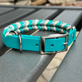 Load image into Gallery viewer, Coiled Charm Hand Braided Dog Collar in Teal, Cream, & Teal Diamonds