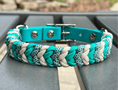 Load image into Gallery viewer, Coiled Charm Hand Braided Dog Collar in Teal, Cream, & Teal Diamonds - Southlake Paws