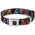 Load image into Gallery viewer, Full-color seatbelt buckle collar featuring Marvel Avengers logo and superhero/villain poses in black, red, and white.