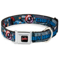 Load image into Gallery viewer, MARVEL AVENGERS Logo Full Color Black/Red/White Seatbelt Buckle Collar - CAPTAIN AMERICA w/Avengers Logo Cityscape