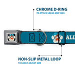 Beach Dawg Care Paw Logo Full Color Black Seatbelt Buckle Collar - BEACH DAWG CARE ALL DOGS ARE EQUAL Turquoise/White