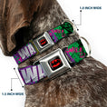 Load image into Gallery viewer, Batman Black/Yellow Seatbelt Buckle Collar - THE JOKER WANTED Smiling Pose and Graffiti Purples/Greens