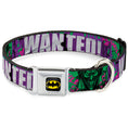 Load image into Gallery viewer, Batman Black/Yellow Seatbelt Buckle Collar - THE JOKER WANTED Smiling Pose and Graffiti Purples/Greens