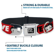 BETTY BOOP Text Heart Logo Full Color Black/White Seatbelt Buckle Collar - Betty Boop Face and LOVE Text Red/Black/White
