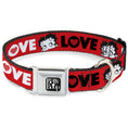 Load image into Gallery viewer, BETTY BOOP Text Heart Logo Full Color Black/White Seatbelt Buckle Collar - Betty Boop Face and LOVE Text Red/Black/White