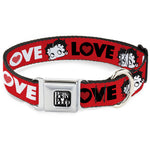 BETTY BOOP Text Heart Logo Full Color Black/White Seatbelt Buckle Collar - Betty Boop Face and LOVE Text Red/Black/White