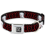 BETTY BOOP Text Heart Logo Full Color Black/White Seatbelt Buckle Collar - Betty Boop Winking Kiss Pose with XOXO Text Polka Dot Black/Red/White