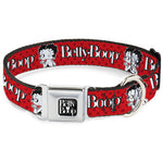 BETTY BOOP Text Heart Logo Full Color Black/White Seatbelt Buckle Collar - BETTY BOOP Winking Kiss Pose and Text Reds/Black/White