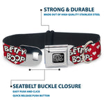 BETTY BOOP Text Heart Logo Full Color Black/White Seatbelt Buckle Collar - BETTY BOOP Seated Leg Kick Pose and Text Hearts Red/White/Black