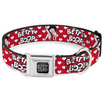 BETTY BOOP Text Heart Logo Full Color Black/White Seatbelt Buckle Collar - BETTY BOOP Seated Leg Kick Pose and Text Hearts Red/White/Black