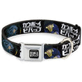 Load image into Gallery viewer, COWBOY BEBOP Title Logo Full Color Black/White Seatbelt Buckle Collar - COWBOY BEBOP Spike and Vicious Pose and Title Logo Black/Blues