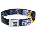 Load image into Gallery viewer, COWBOY BEBOP Title Logo Full Color Black/White Seatbelt Buckle Collar - COWBOY BEBOP Spike Vicious and Faye Pose and Title Logo Blues/Yellow
