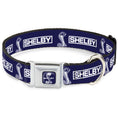 Load image into Gallery viewer, SHELBY Super Snake Cobra Split Full Color Blue/White Seatbelt Buckle Collar - SHELBY Box Logo and Super Snake Cobra Blue/White