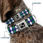 Dog Bone Black/Silver Seatbelt Buckle Collar - Argyle Navy/Green/White/Gold