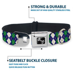 Dog Bone Black/Silver Seatbelt Buckle Collar - Argyle Navy/Green/White/Gold